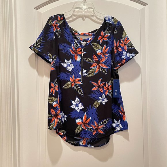 Apt. 9 Tops - New Apt. 9 XS Blue Black Multi Floral Criss Cross Zipper Short Sleeve Top Blouse